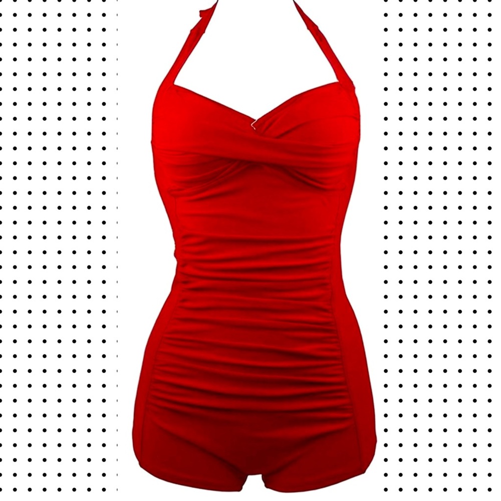 Red retro vintage style one piece swimsuit